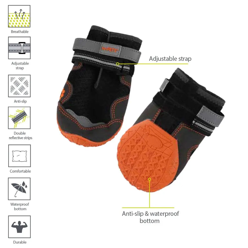 Dog booties with adjustable straps, anti-slip waterproof bottom, and double reflective strips for safety.