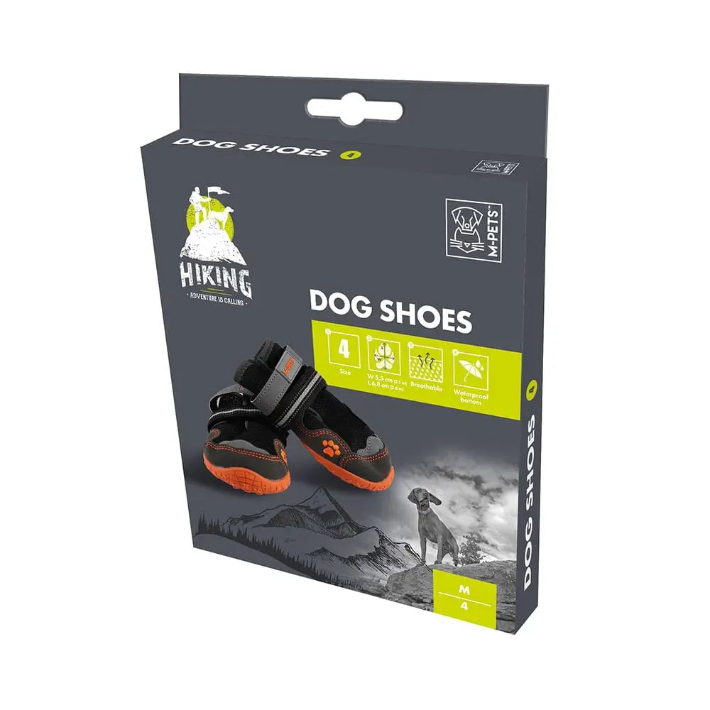 Dog shoes packaging featuring durable design for hiking, with adjustable straps and size information.
