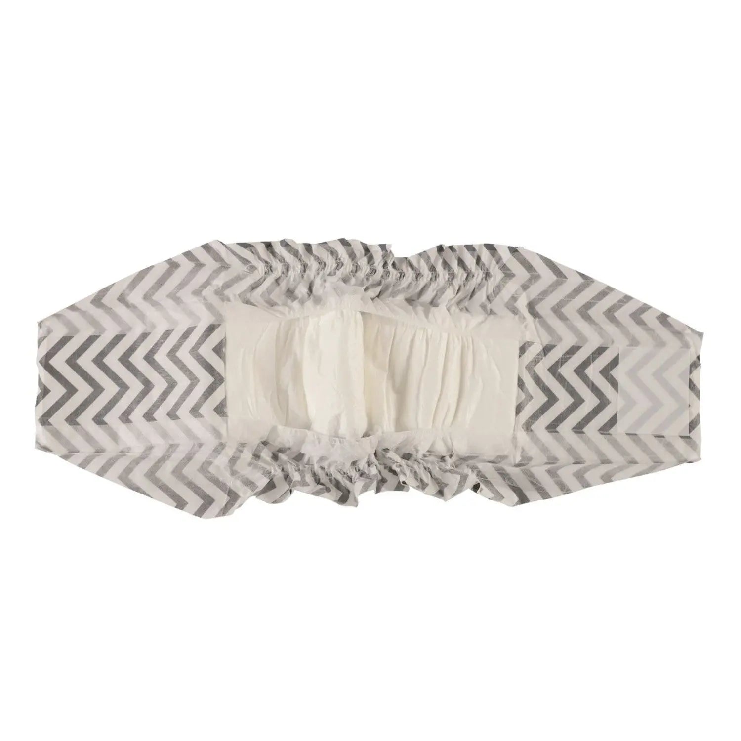 Gray chevron-patterned diaper with elastic edges for a secure fit and comfort.