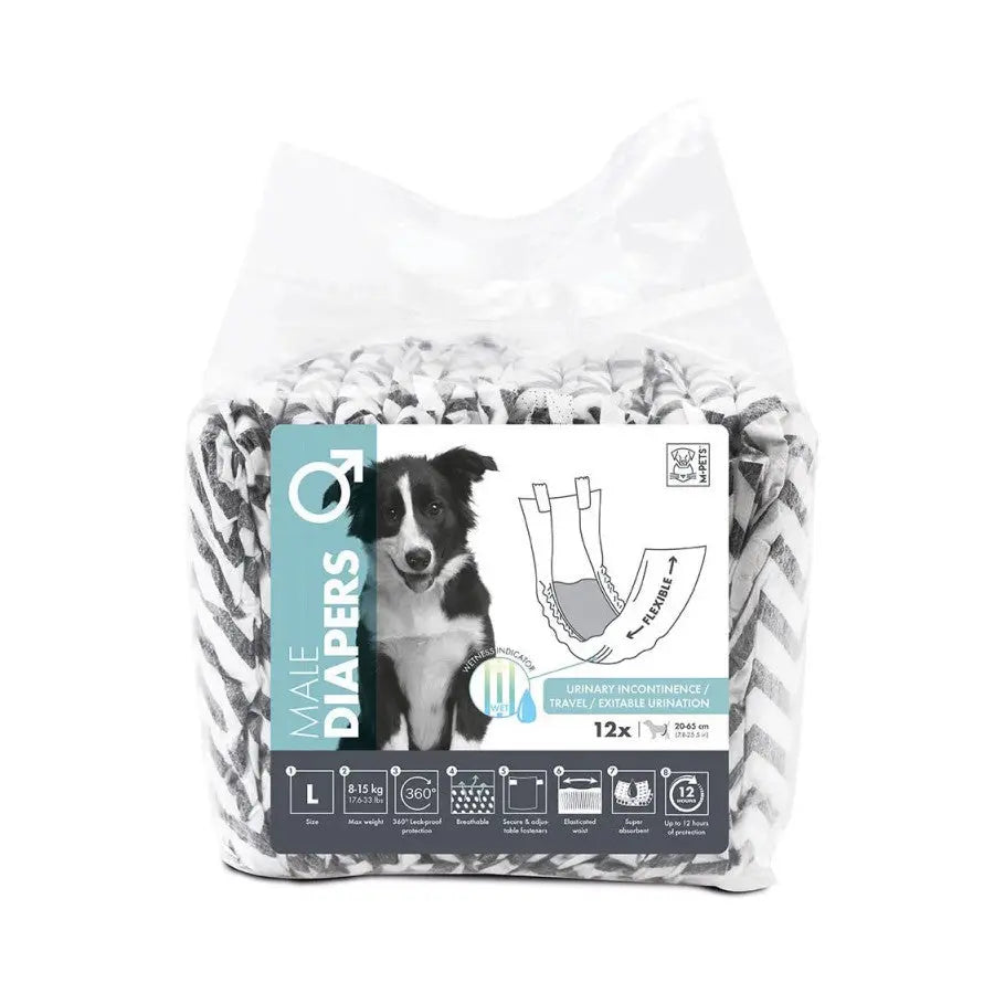 Male dog diapers in a pack of 12 for travel and incontinence needs, featuring a clear packaging design.
