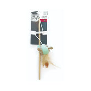Cat toy wand with a mouse and feather for interactive play and exercise.