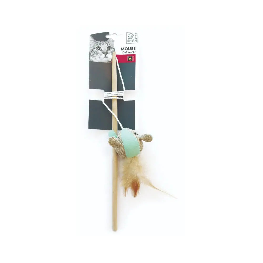 Cat toy wand with a mouse and feather for interactive play and exercise.