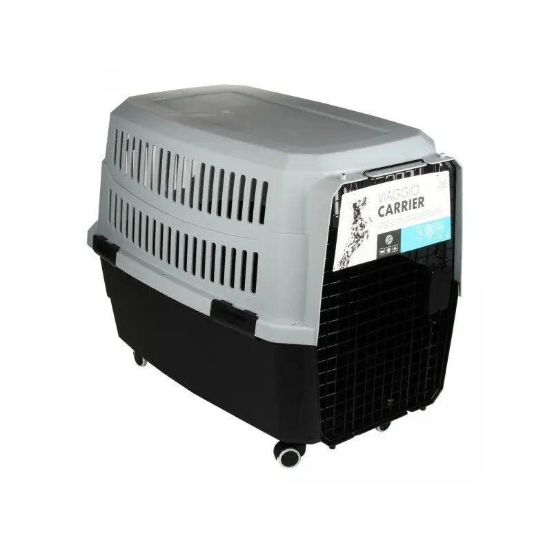 Pet carrier with wheels, sturdy design, ideal for travel and transport of small animals.