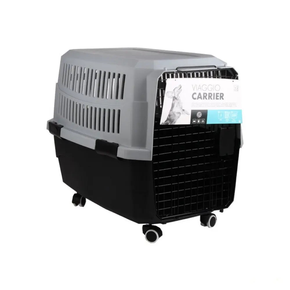 Pet carrier with wheels, designed for safe and comfortable travel for small animals.