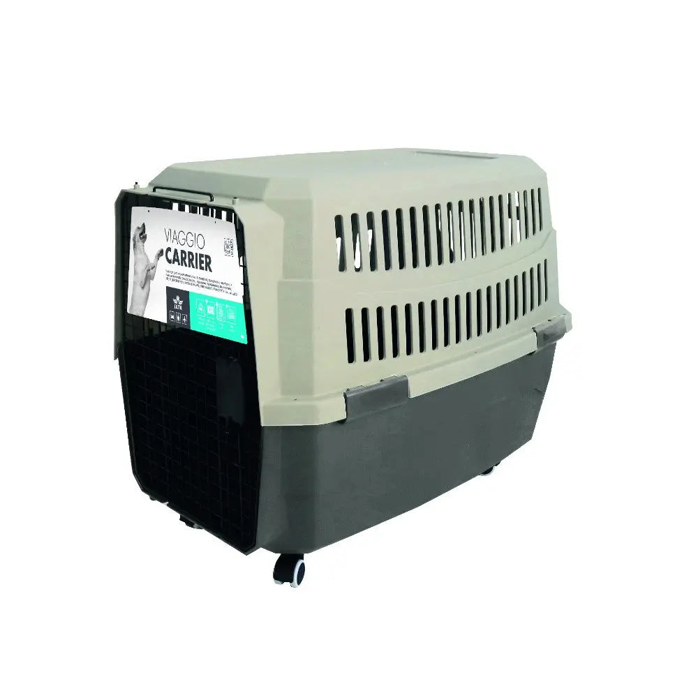 Pet carrier with wheels, ideal for travel, featuring ventilation holes and a secure door.