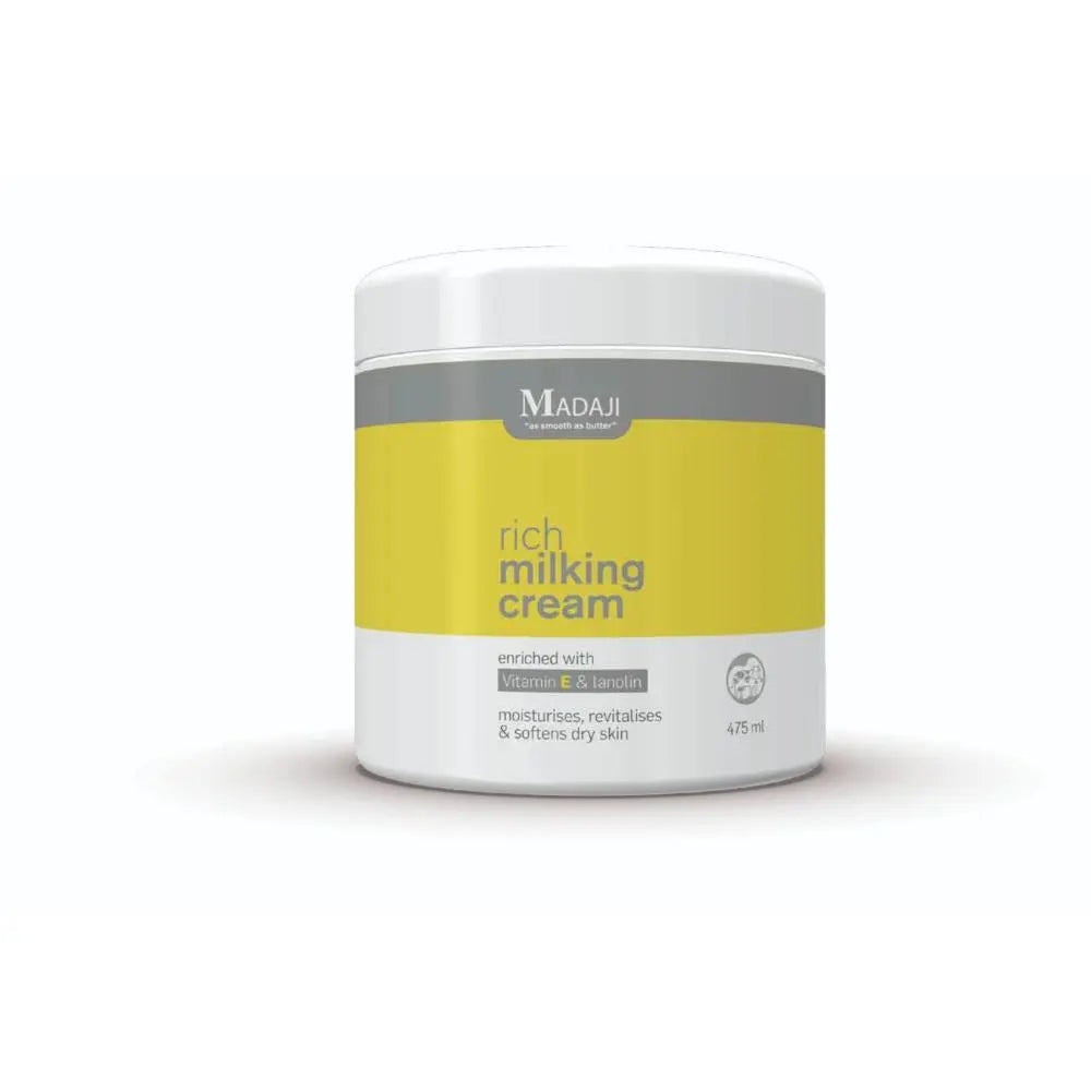 Rich milking cream in a jar, enriched with Vitamin E and lanolin for moisturizing dry skin.