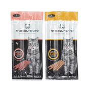 Meowmore cat snacks featuring salmon and trout, and chicken and turkey meaty sticks in vibrant packaging.
