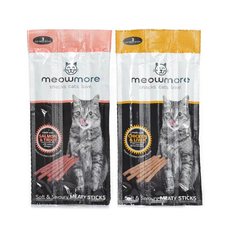 Meowmore cat snacks featuring salmon and trout, and chicken and turkey meaty sticks in vibrant packaging.