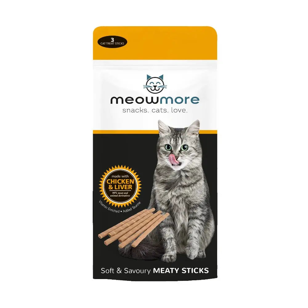 Meowmore soft and savory meaty sticks for cats, made with chicken and liver, in a vibrant packaging.