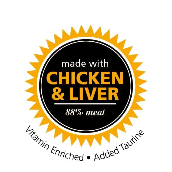 Label featuring chicken and liver, 88% meat, vitamin enriched, and added taurine for pet nutrition.