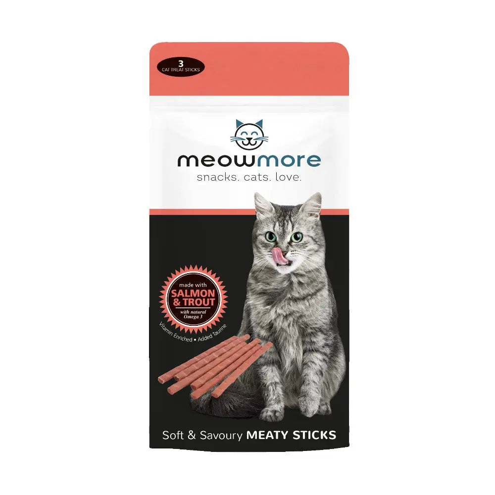 Meowmore soft and savory meaty sticks for cats, made with salmon and trout, in a resealable bag.