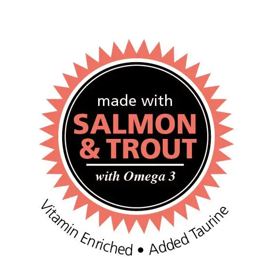 Salmon and trout pet food label highlighting Omega 3, vitamin enrichment, and added taurine.