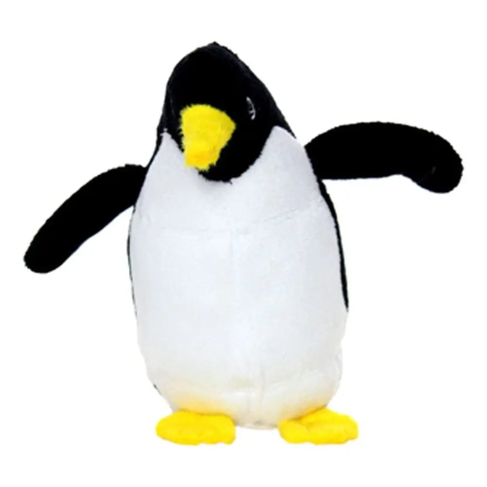 Plush penguin toy with black and white fur, yellow feet, and a cheerful expression.