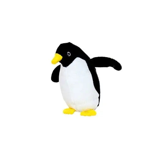 Cute plush penguin toy with yellow feet and a soft black and white body, perfect for cuddling.