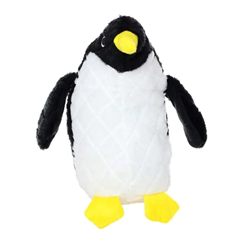 Plush penguin toy with black and white fur and bright yellow feet, perfect for cuddling and playtime.