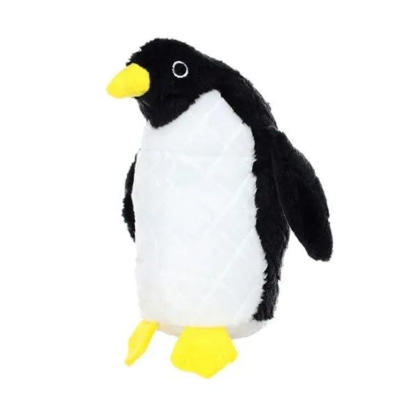Soft plush penguin toy with black and white fur and bright yellow feet, perfect for cuddling.