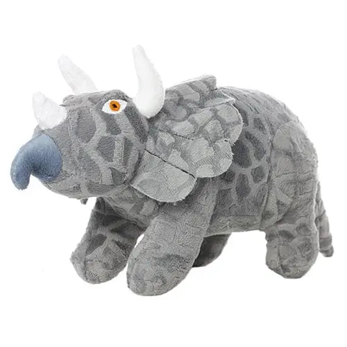 Plush gray triceratops toy with textured fabric and cute features for kids' imaginative play.