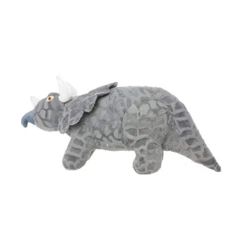 Plush gray triceratops toy with textured details and soft features for imaginative play.