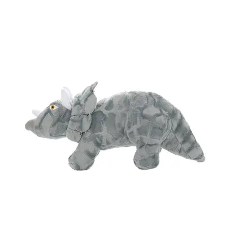 Gray plush dinosaur toy with textured fabric and cute features for kids' playtime.