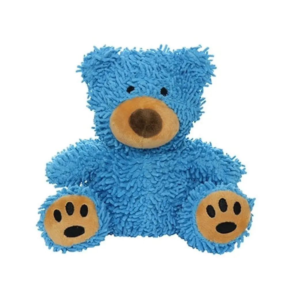 Blue plush teddy bear with soft, textured fur and cute paw prints.