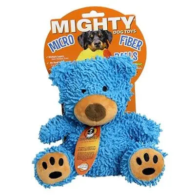 Blue plush bear dog toy with microfiber texture and durable design for playful pets.