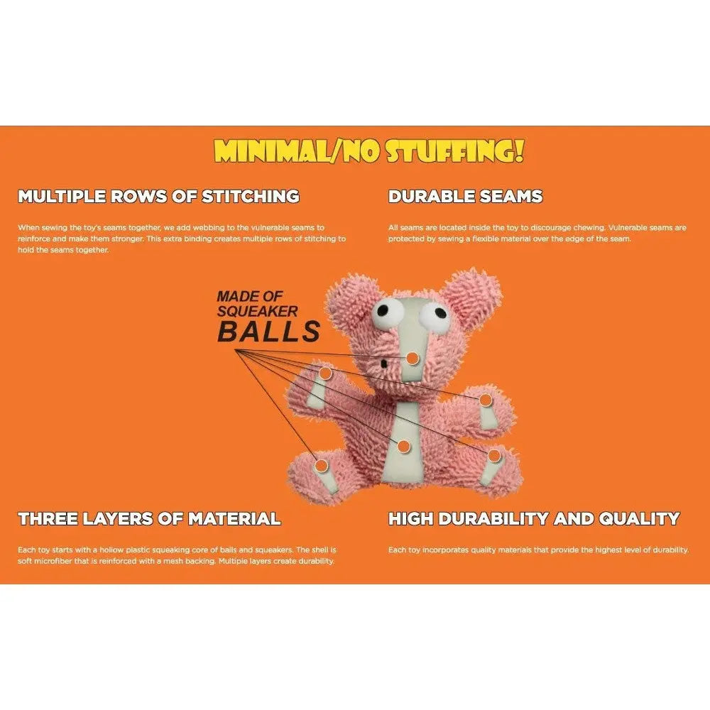 Durable dog toy with minimal stuffing, featuring squeaker balls and reinforced seams for long-lasting play.