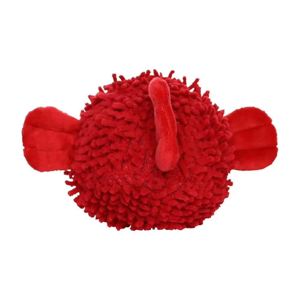 Red plush fish toy with soft texture and playful design for pets.