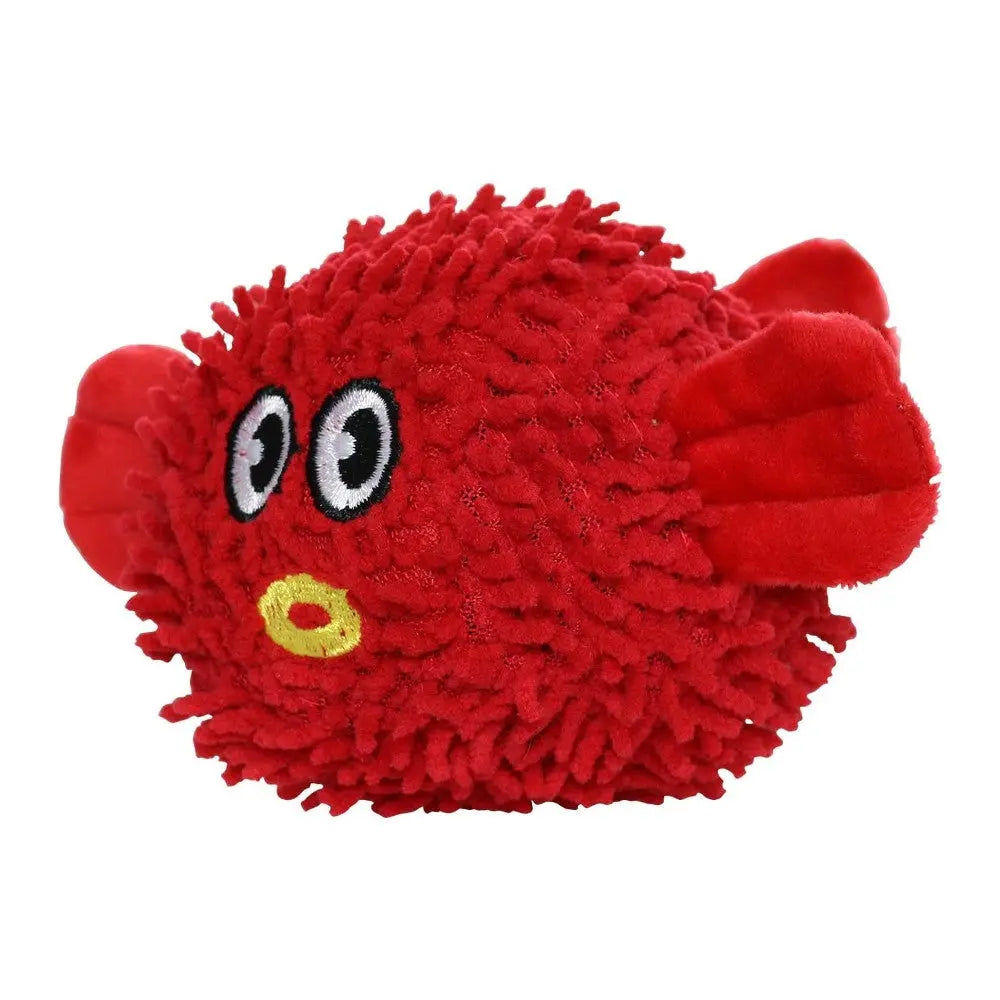 Red plush fish toy with textured surface, perfect for playful pets and interactive fun.