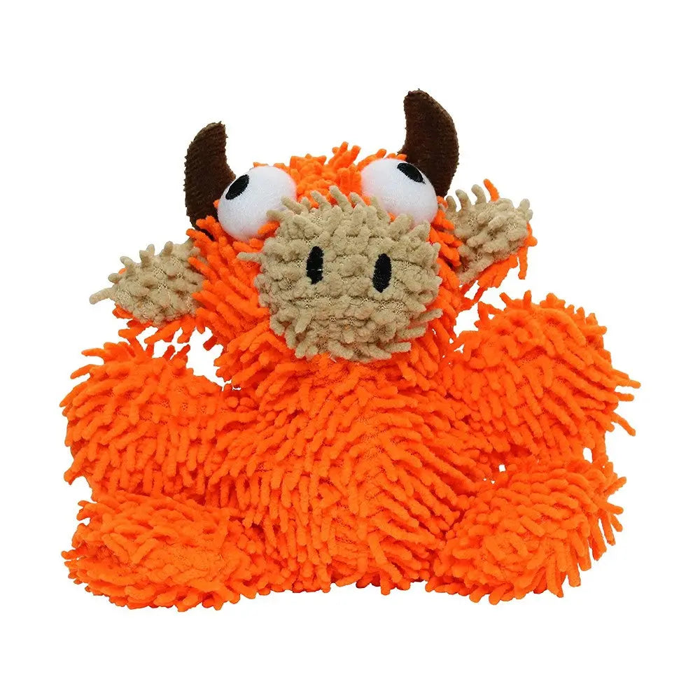 Bright orange plush monster toy with soft texture and playful features for pets.