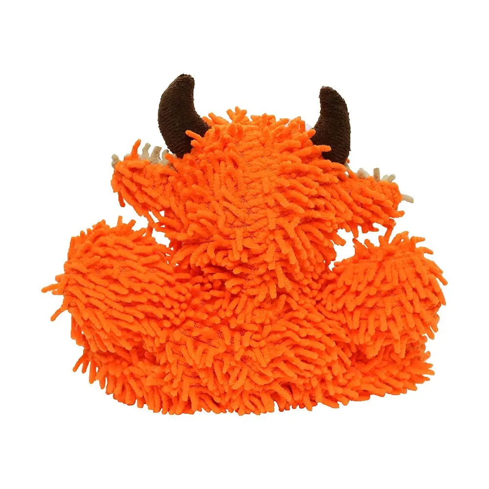 Fluffy orange monster toy with horns, perfect for playful pets and cuddly fun.