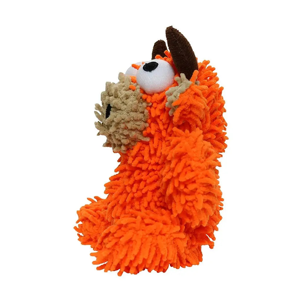 Colorful orange plush monster toy with fluffy texture and playful design.