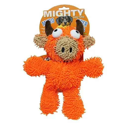 Mighty orange plush dog toy with squeaker, perfect for interactive play and chewing.
