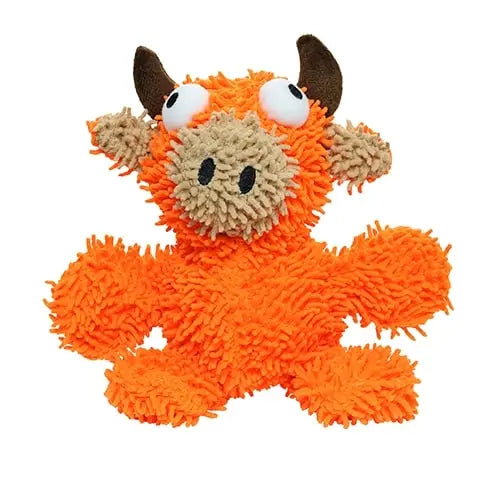 Colorful plush cow toy with textured fabric, perfect for playful pets and interactive fun.