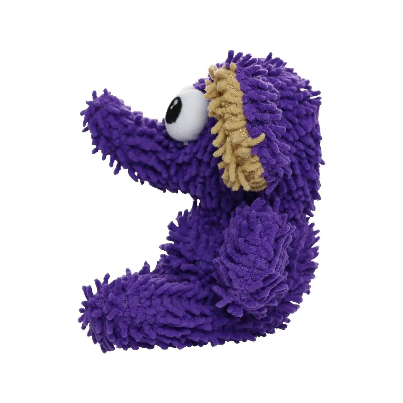 Purple plush dog toy with textured fur and large eyes, perfect for playful pets.