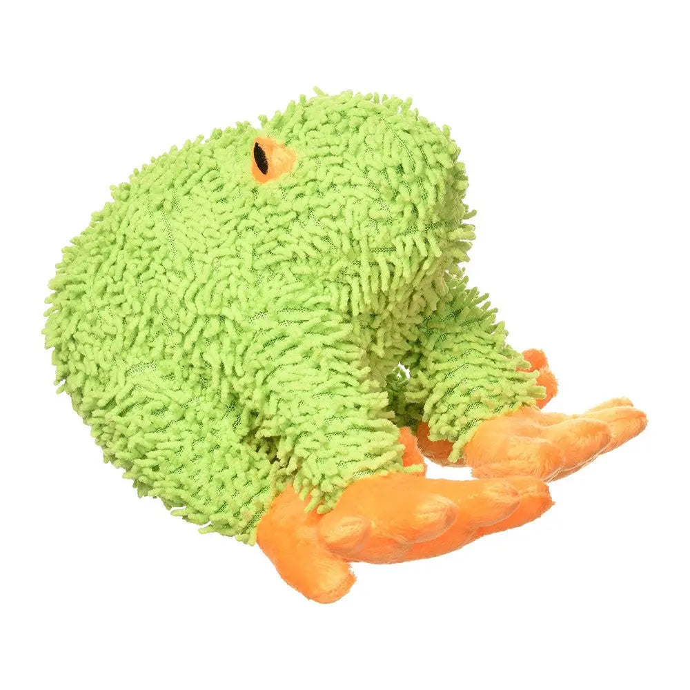 Green frog-shaped plush toy with textured surface for fun and interactive play.