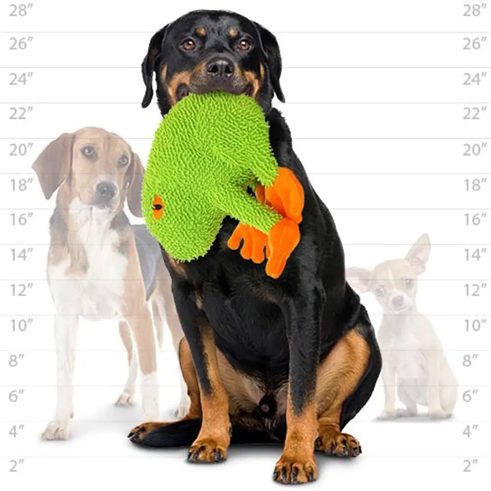 Rottweiler holding a green plush toy, surrounded by smaller dogs, showcasing fun pet playtime.