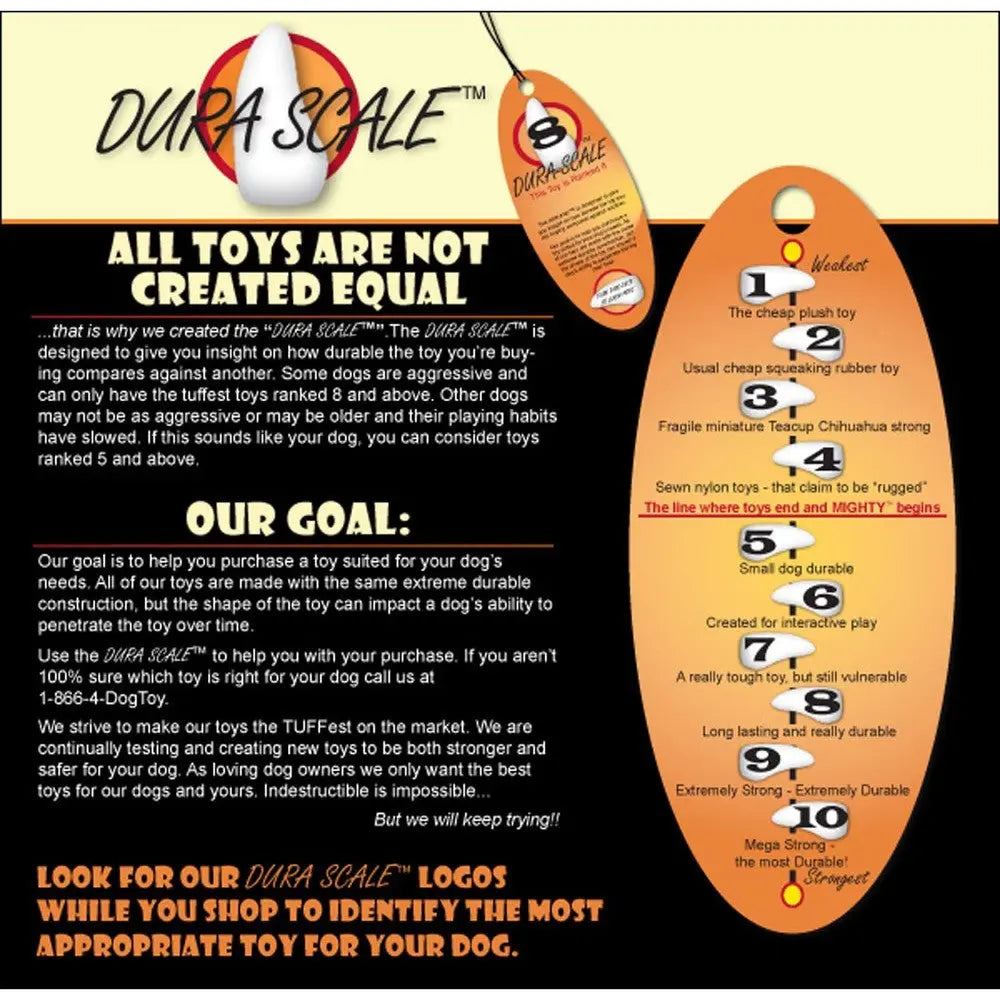Dura Scale infographic for selecting durable dog toys based on size and toughness ratings.