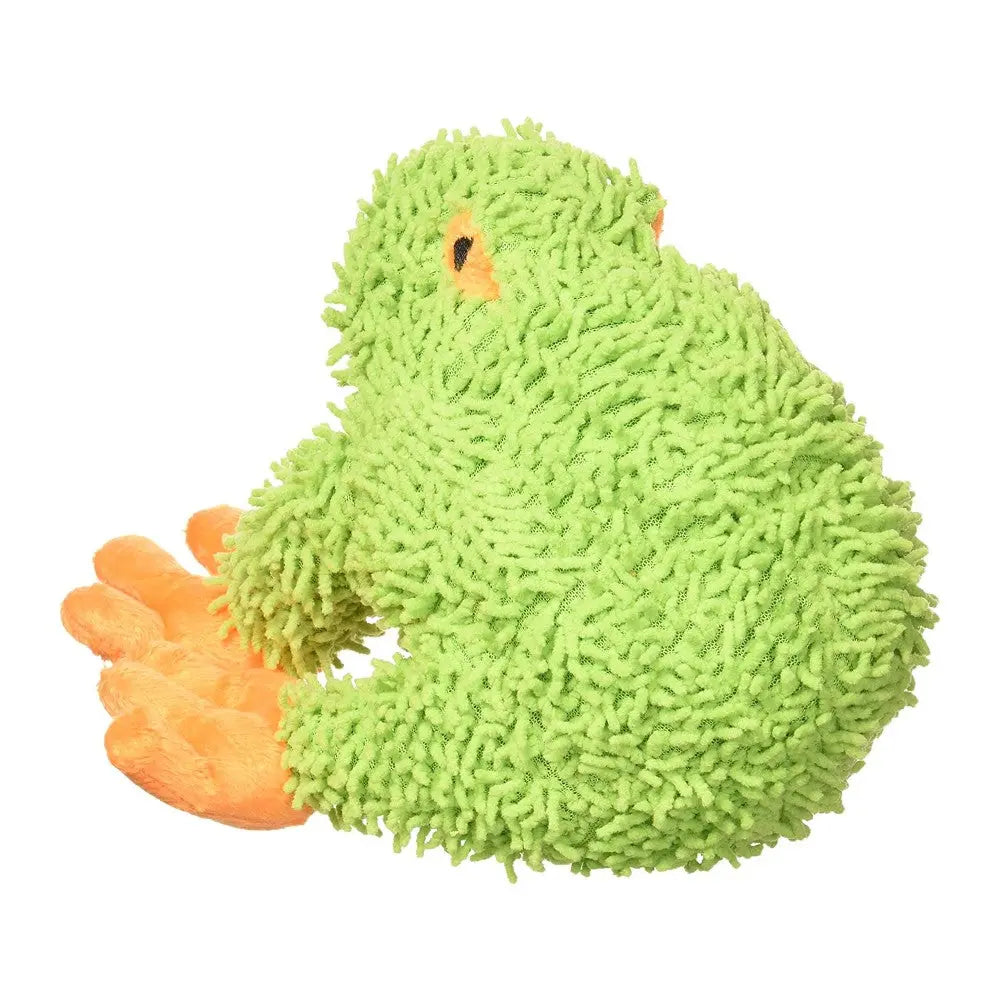 Green plush frog toy with textured surface and orange feet, perfect for cuddling and playtime.