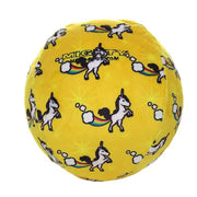 Yellow plush ball featuring playful unicorn designs and colorful rainbows.