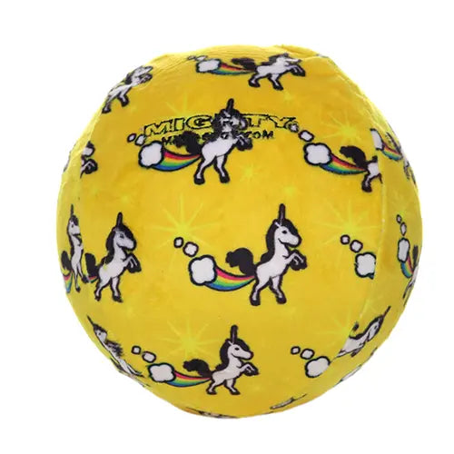Yellow plush ball featuring playful unicorn designs and colorful rainbows.
