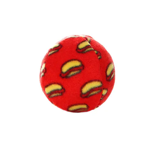 Red plush ball with hamburger print, perfect for playful pets and fun fetch games.