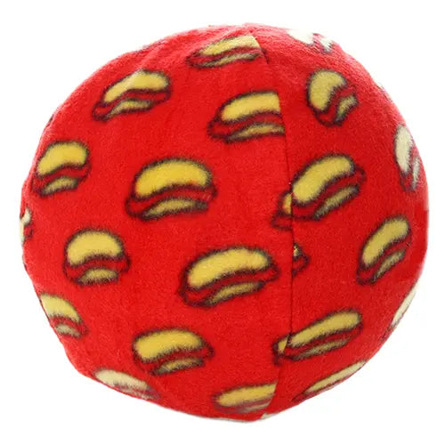 Red plush ball with hamburger pattern, perfect for playful pets and fun fetch games.