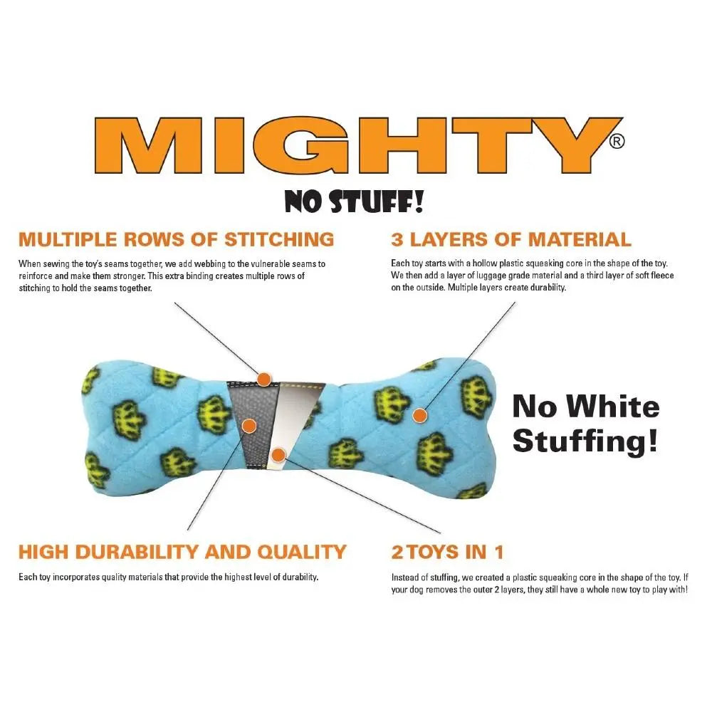 Mighty dog toy with durable stitching, no stuffing, and two-in-one design for interactive play.
