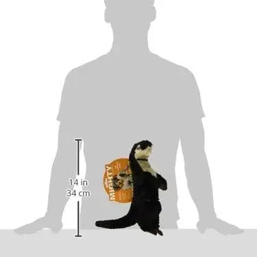 Otter standing next to a food bag, showcasing size comparison and packaging design.