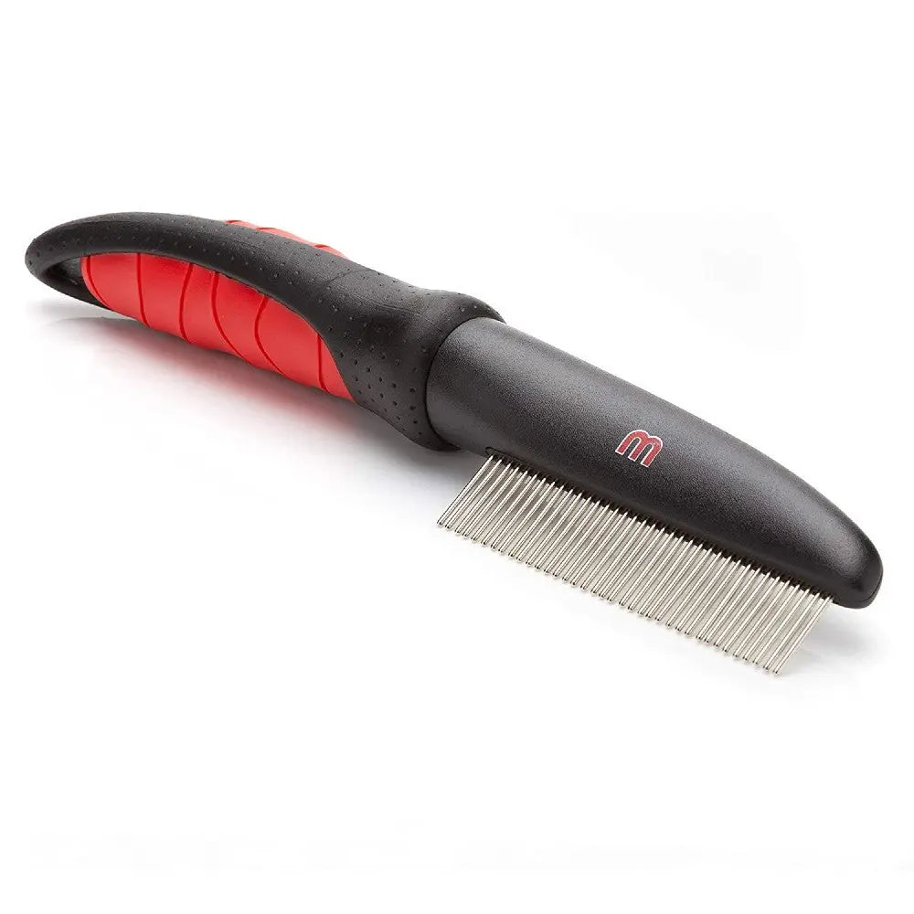 Pet grooming comb with a comfortable grip for effective de-shedding and detangling.