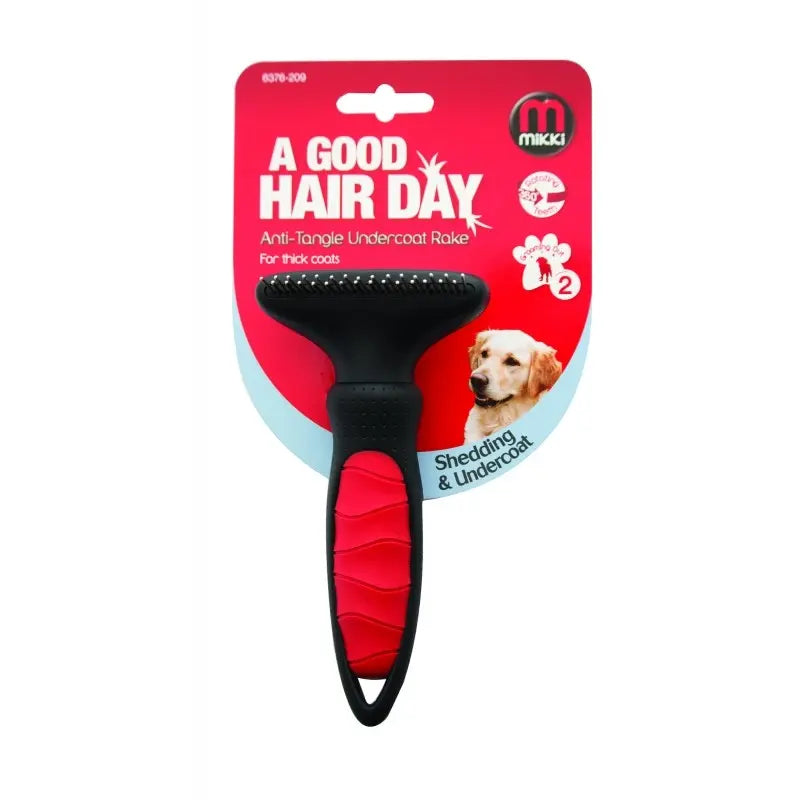 Anti-tangle undercoat rake for thick dog coats, designed for effective shedding and grooming.