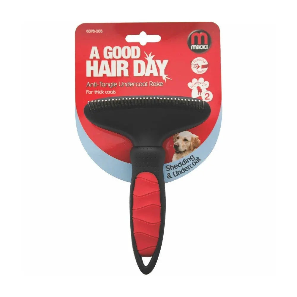 Anti-tangle undercoat rake for dogs, designed for thick coats and effective shedding control.