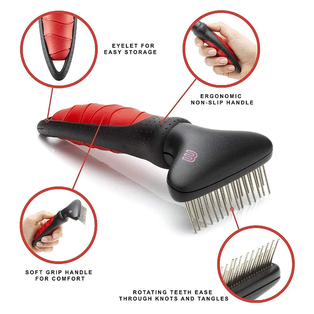 Ergonomic pet grooming comb with a non-slip handle for easy knot and tangle removal.