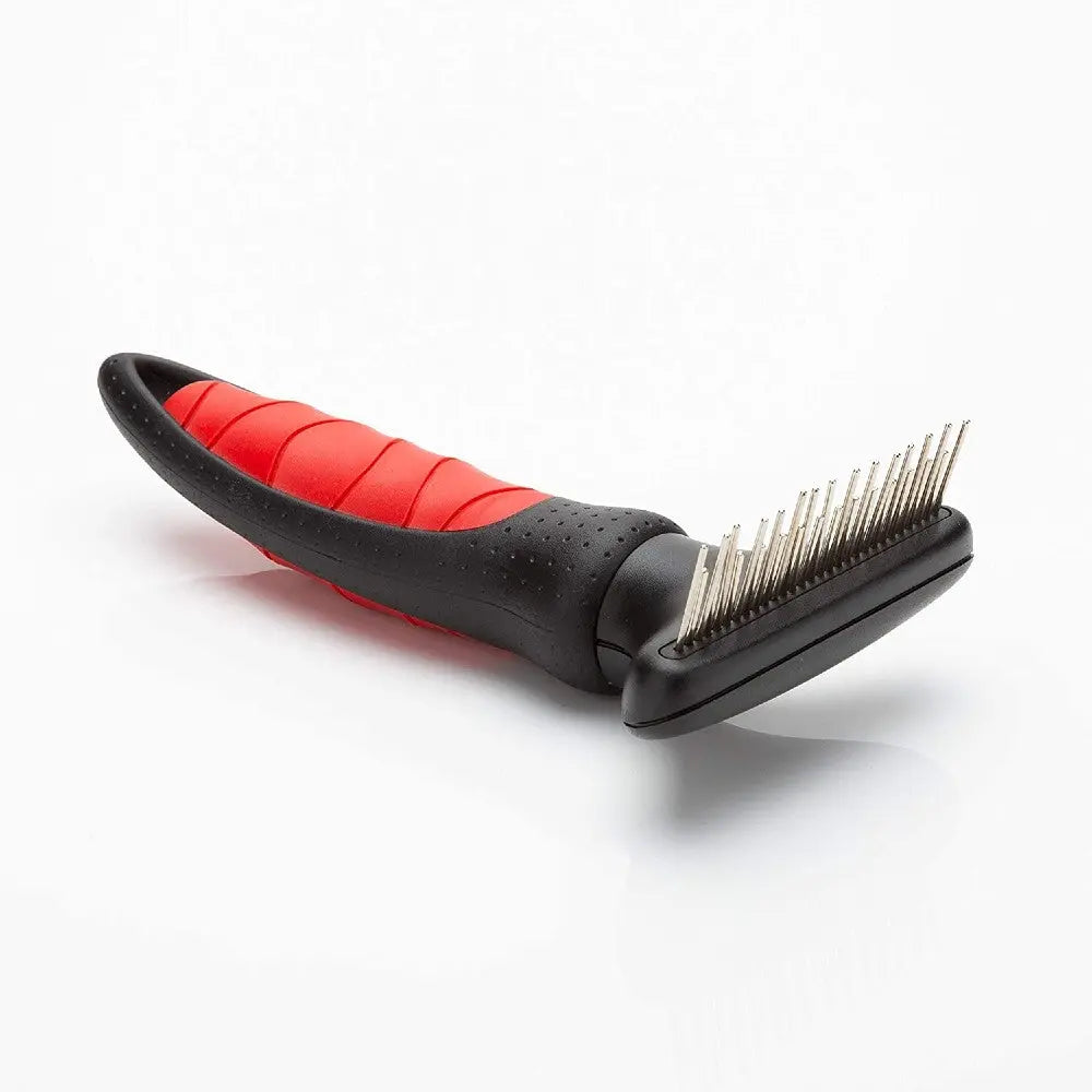 Pet grooming brush with a comfortable grip for effective fur removal and detangling.
