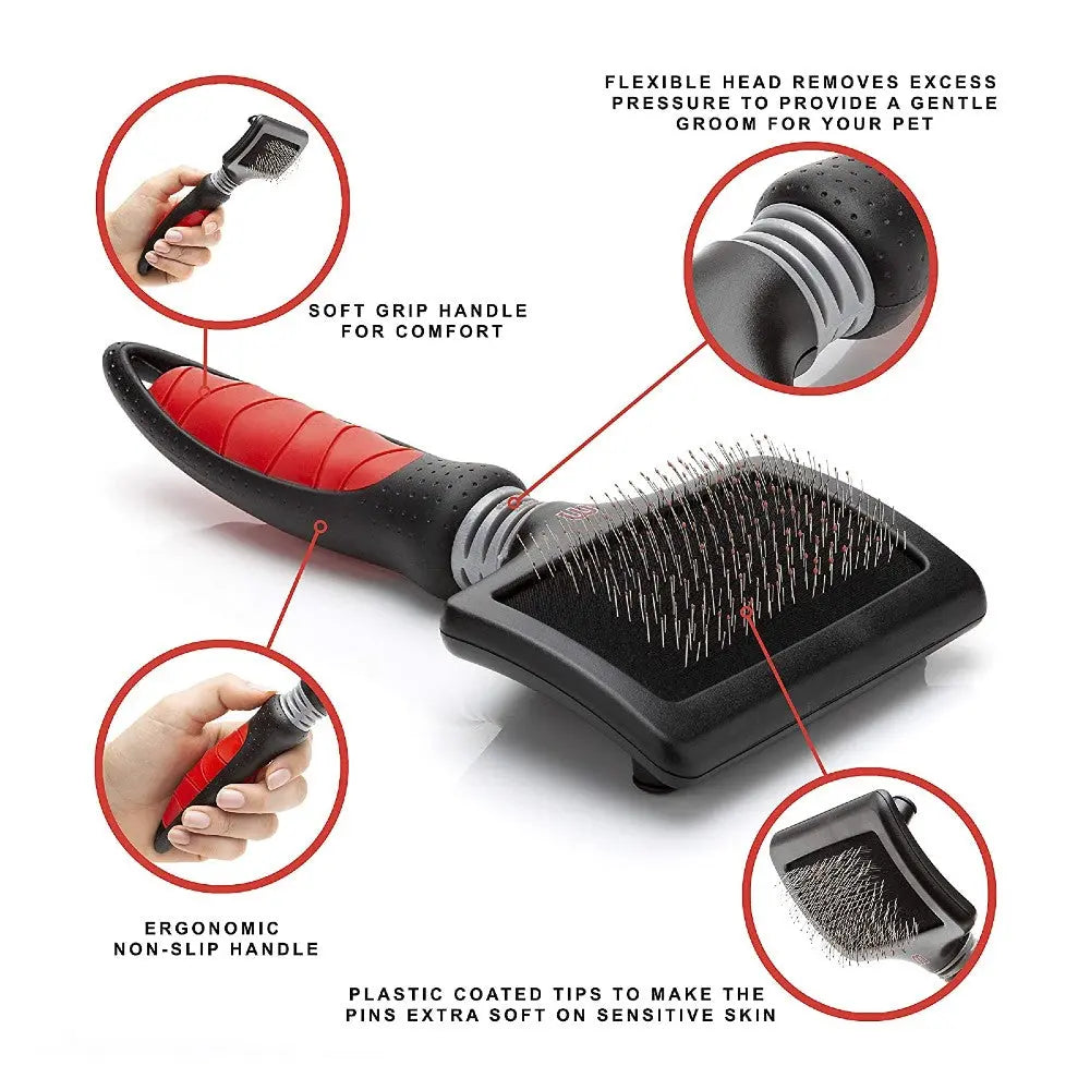 Pet grooming brush with ergonomic design, soft grip handle, and gentle pins for sensitive skin care.